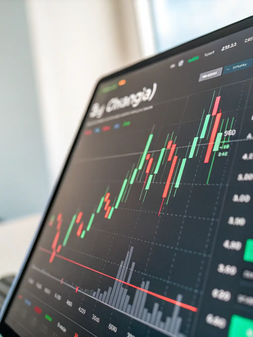 A detailed close-up of TradingConnect's chart analysis tool, showcasing candlestick patterns and volume indicators on a trading chart.