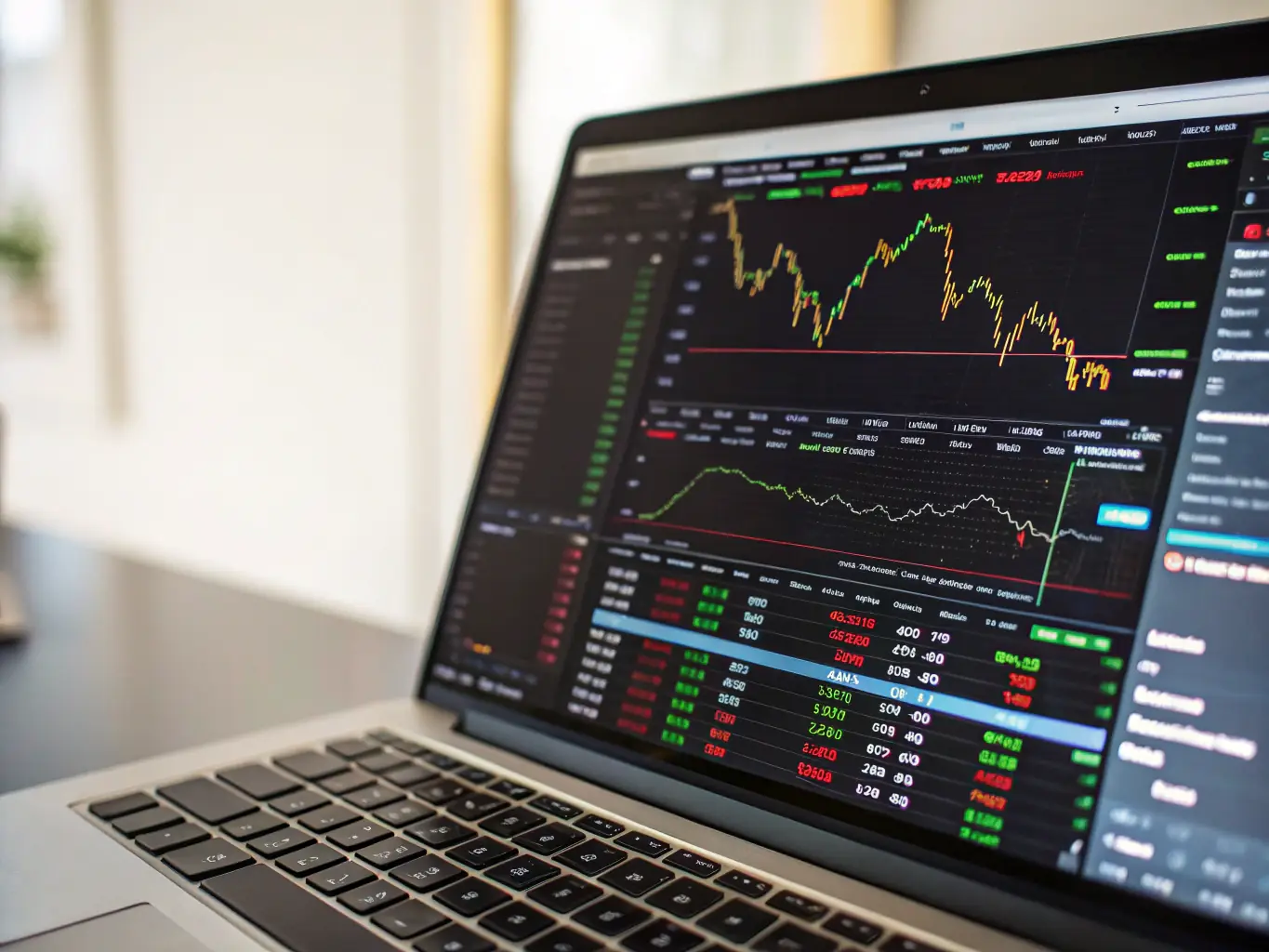 A detailed image showcasing TradingConnect's advanced charting interface, highlighting various technical indicators and drawing tools being used on a stock chart. The interface should look clean, modern, and data-focused.